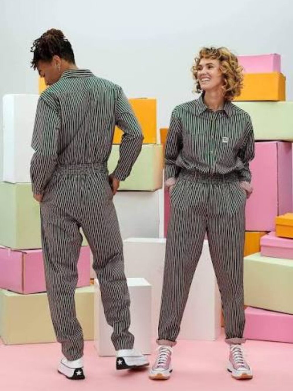Lucy & Yak Frankie Boilersuit Pink Posy Green Pinstripe UK Large - Picture 4 of 9